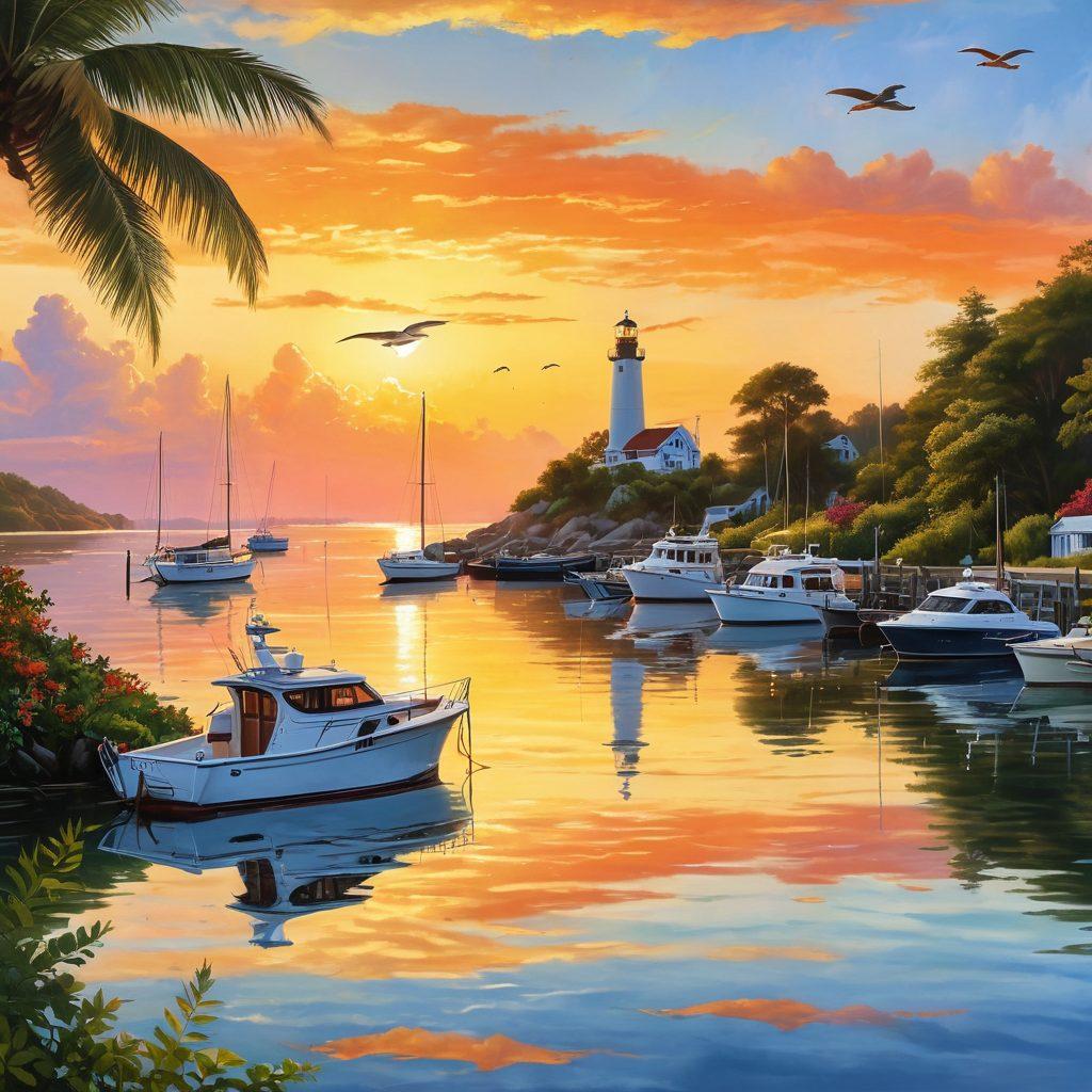 A serene harbor scene with a variety of boats gently floating on calm waters, showcasing different types of vessels like sailboats, motorboats, and yachts. In the foreground, a confident boater studies an insurance document, while a sunset casts a warm glow over the scene, symbolizing security and peace of mind. The background features a lighthouse and lush greenery, emphasizing safety at sea. bright colors. super-realistic. expansive sky.