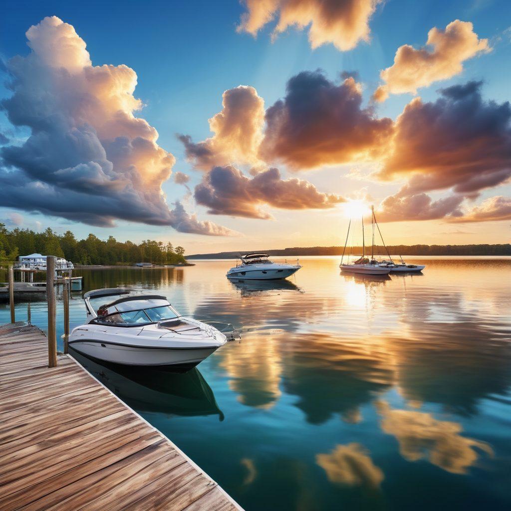 A serene lake setting with a variety of boats including a sailboat, jet ski, and a yacht docked securely. Overhead, a vibrant sky with fluffy clouds reflecting on the water. An insurance policy document partially visible on a wooden dock, emphasizing protection. In the background, a family happily enjoying a day on the water, symbolizing the joys of boating. super-realistic. vibrant colors. serene atmosphere.