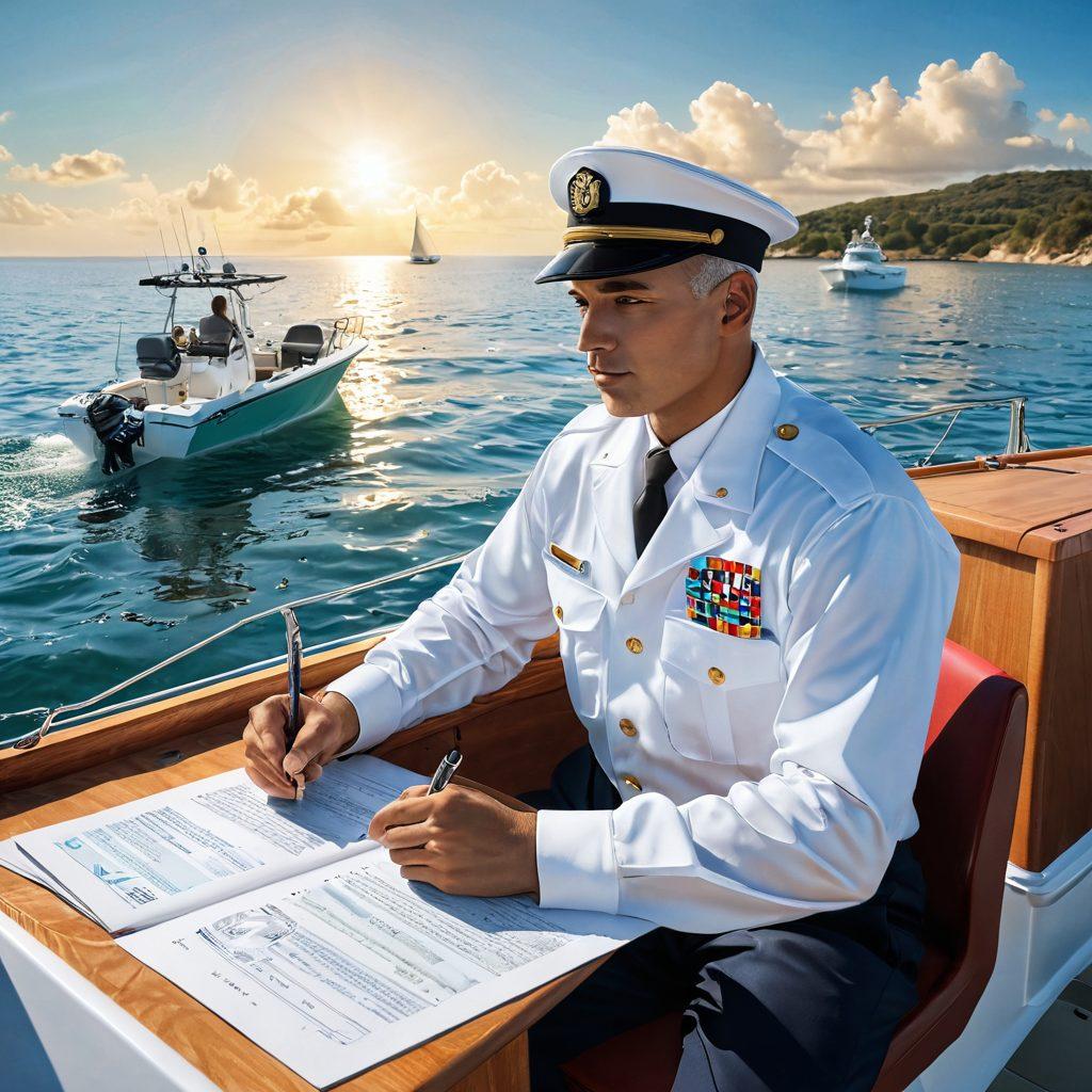A serene marine scene depicting a captain on a boat, studying insurance documents while navigating through calm waters. In the background, show various marine vehicles like yachts, sailboats, and jet skis, symbolizing the diversity of watercraft. Incorporate elements like safety equipment, life jackets, and a picturesque coastline to emphasize safety and preparedness. The color palette should be bright and inviting, showcasing a sunny day on the water. digital illustration. vibrant colors. 3D.